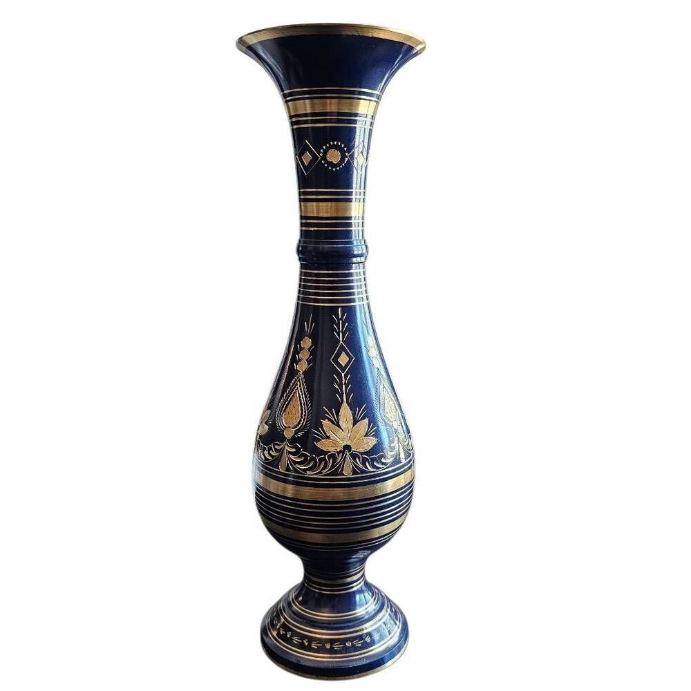 Vintage Brass Vase Damascene made in India Handcrafted Blue and Eteched Gold. Or